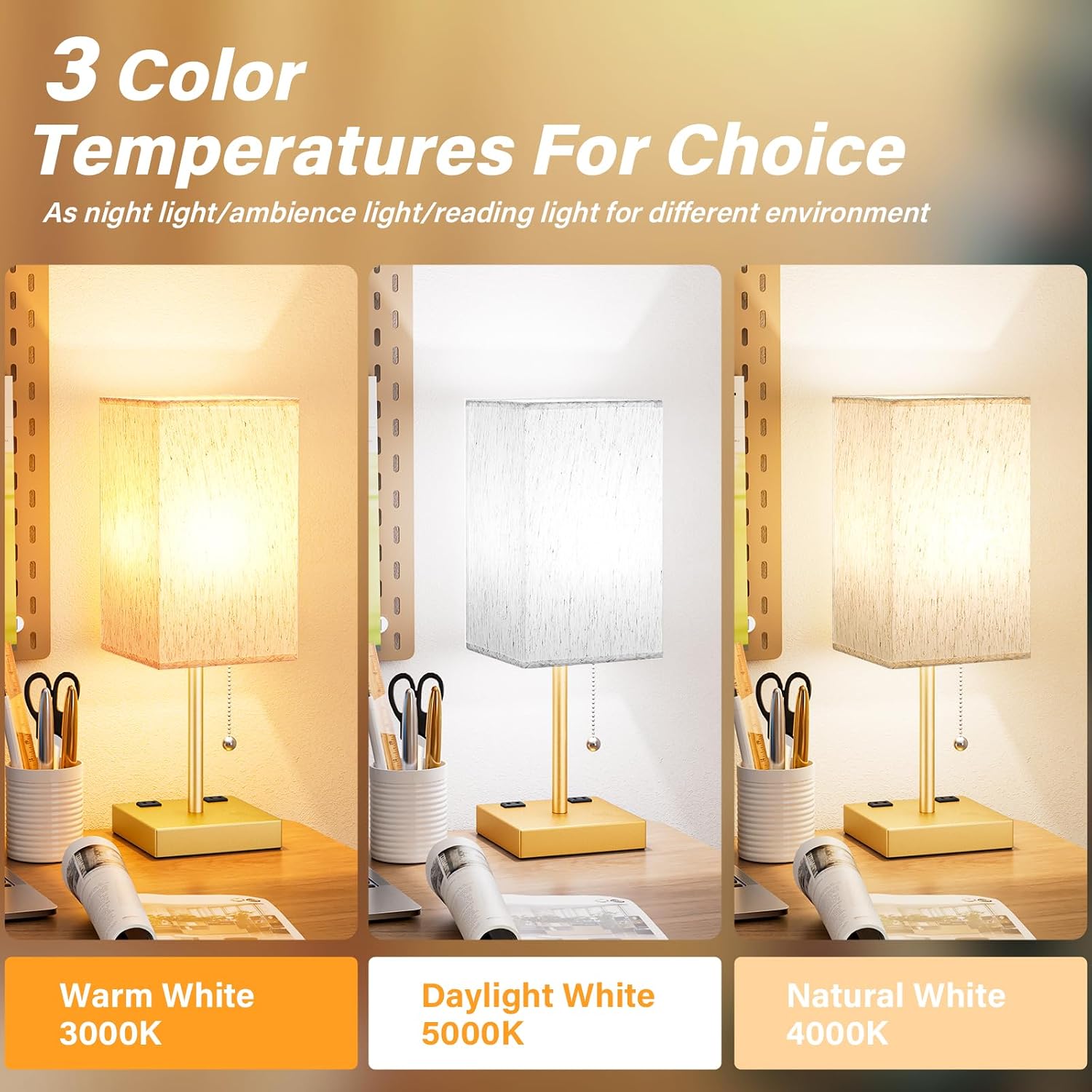Aooshine Medium Table Lamp with USB Ports - 3 Color Temperature Bedside Lamp for Bedroom, Pull Chain Control, USB A and C Ports, 2 AC Outle…