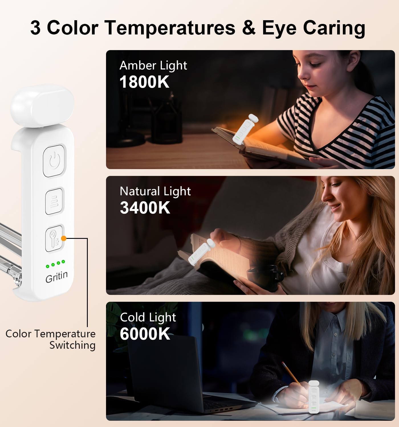 Gritin Reading Light, Rechargeable Book Light for Reading in Bed - Eye Caring 3 Color Temperatures, 5-Level Dimmable Brightness, Long…