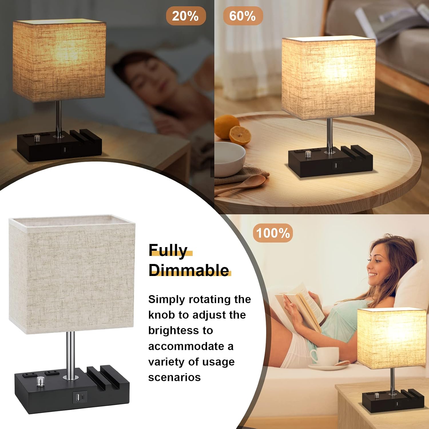 Kakanuo Table Lamp for Bedroom with Dual USB Ports, Beige Fully Dimmable Bedside Lamp with Phone Stands and 2 Charging Outlets, Desk Lamp…