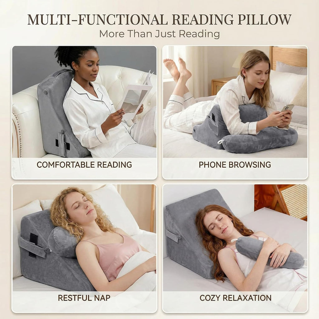 Asawesling 21 INCH Reading Pillow for Adults, Back Pillow for Bed Sitting Up, Backrest Pillow for Sitting in Bed, Detachable Arms with Buil…