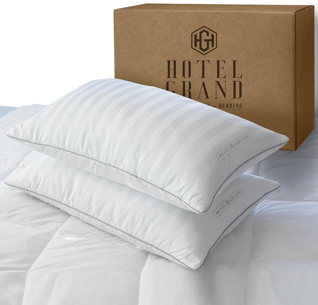 Hotel Grand Fluffy Feather Down Pillow 100% Cotton Queen Size Pillow Set of 2 Pack Medium Firm Hypoallergenic Pillows for Back/Side…