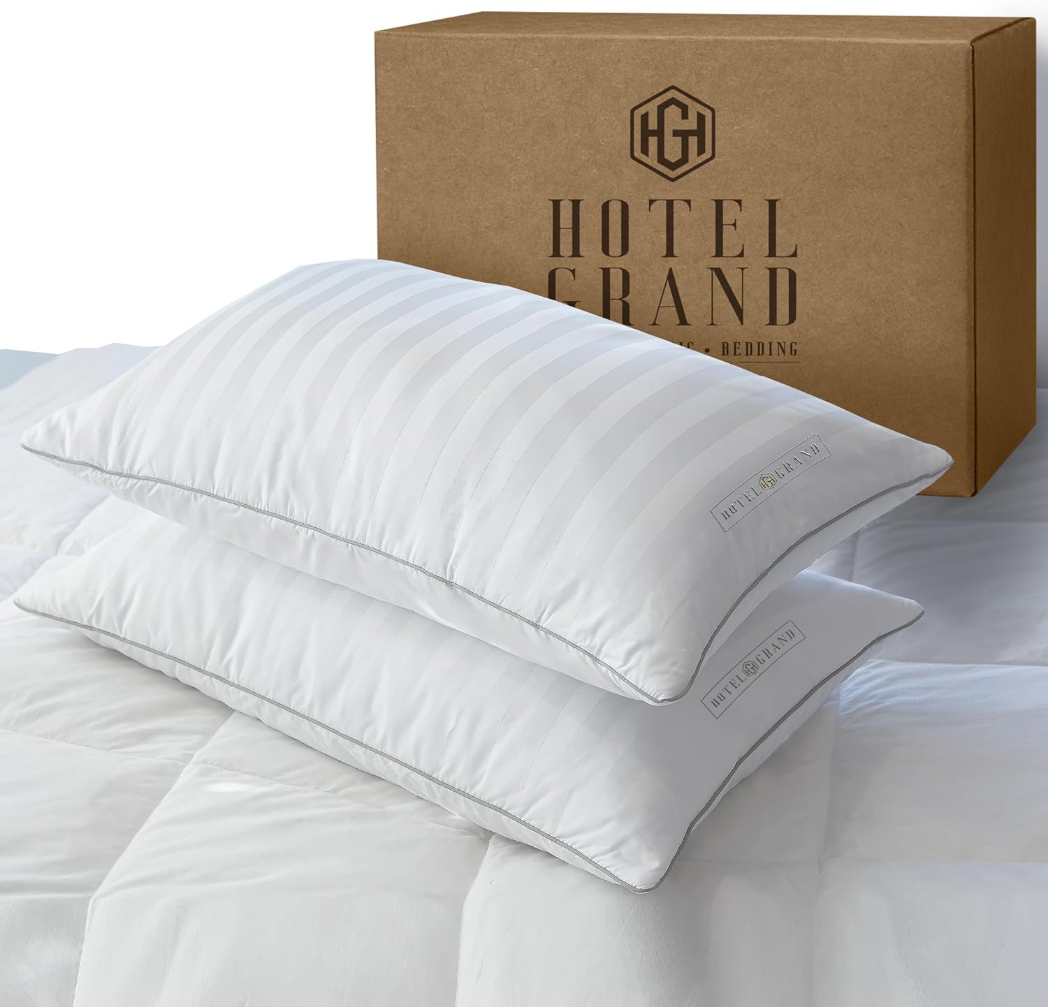 Hotel Grand Fluffy Feather Down Pillow 100% Cotton Queen Size Pillow Set of 2 Pack Medium Firm Hypoallergenic Pillows for Back/Side…