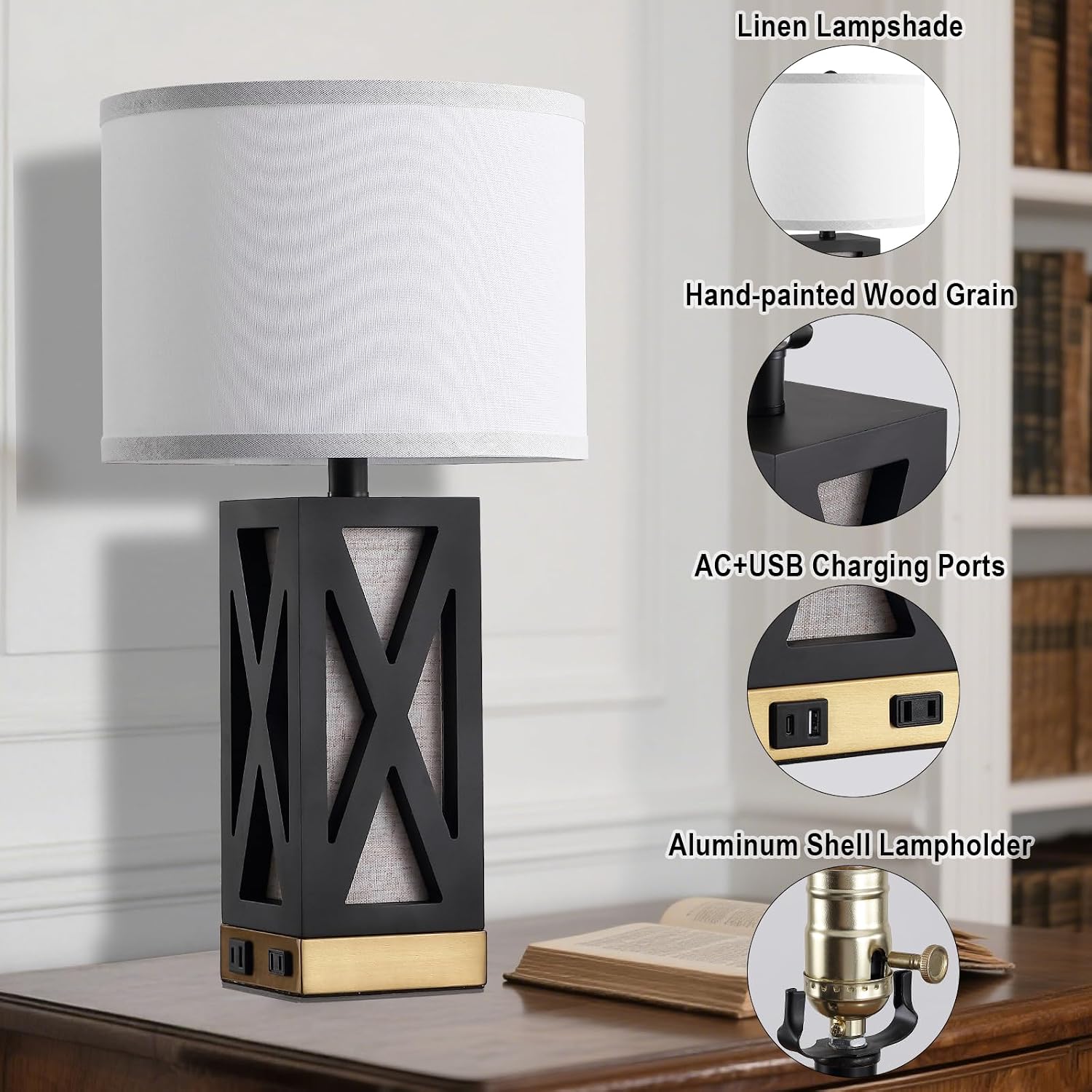 Set of 2 Wood Table Lamp with 3 Color Temperatures, Nightstand Table Lamp with AC Outlet, USB A & C Charging Port, Bedside Lamps for…