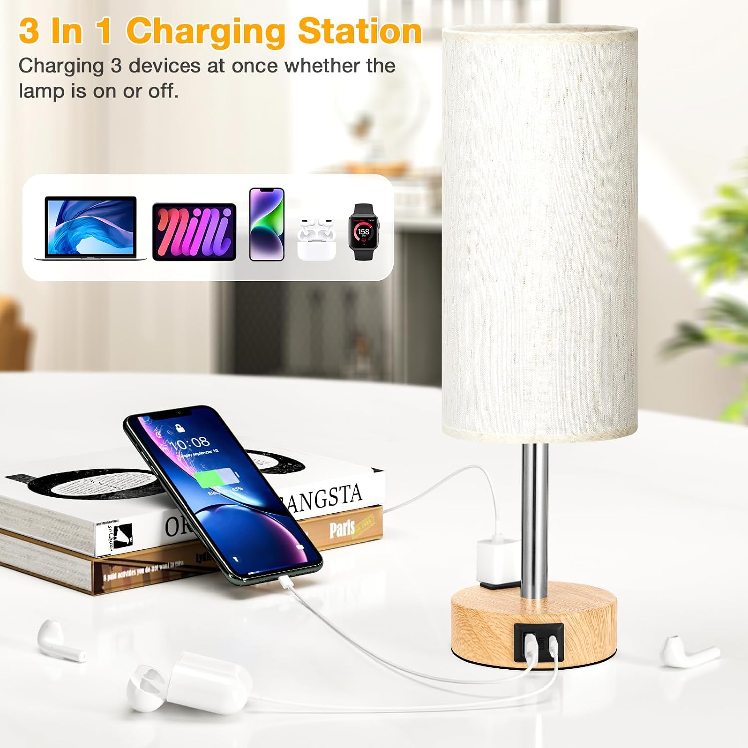 Touch Bedside Table Lamps Set - 3 Way Dimmable Bedroom Lamps Set of 2 with USB C and A Ports, Small Lamps for Nightstand with AC Outlet…
