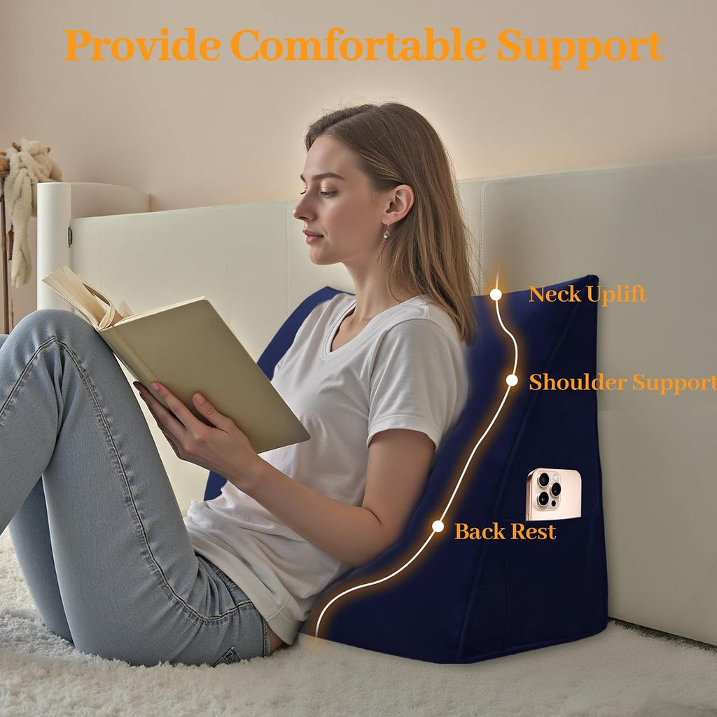 Wedge Headboard Pillow Reading Backrest Pillow for Sitting in Bed Sofa Dorm with Removable Cover Side Pockets Dutch Velvet Fabric Dark Blue