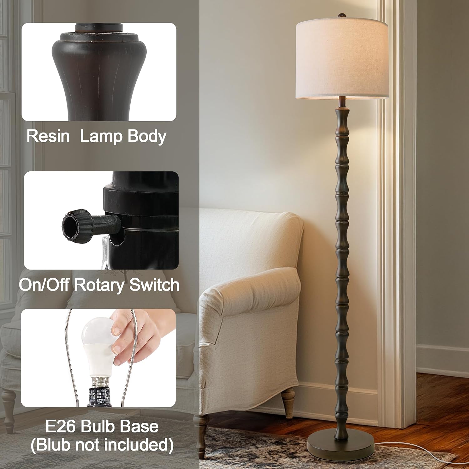 BOBOMOMO 62" Rustic Floor Lamp, Retro Farmhouse Standing Lamp with Rotary Switch, Resin Dark Brown Floor Lamp for Living Room, Bedroom…