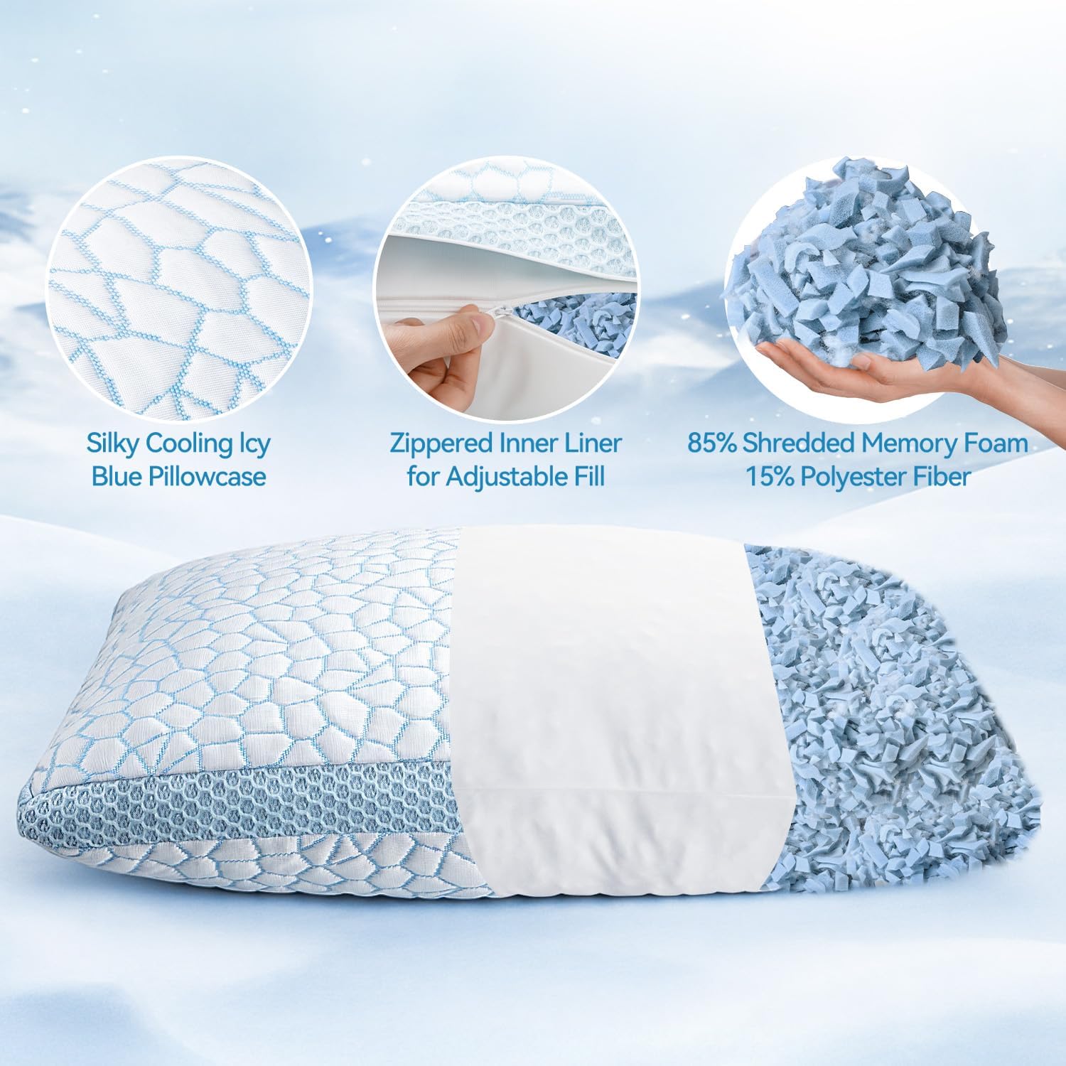 QUTOOL Double Sided Cooling Pillow for Hot Sleepers, Shredded Memory Foam Pillows King Size Set of 2, Adjustable Soft & Firm Gel Bed…