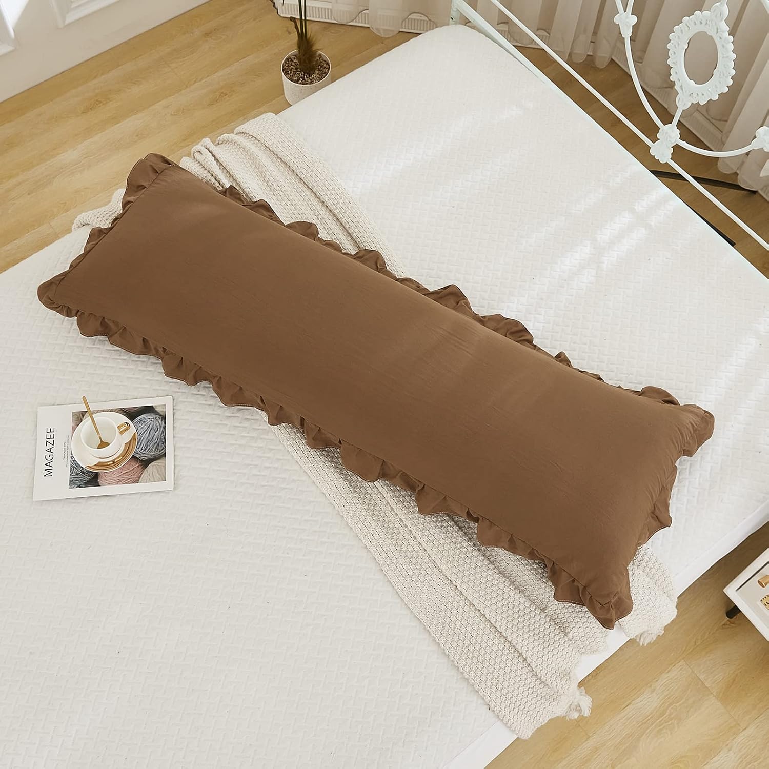 Merryword Brown Body Pillow Cover 20x54inches Long Pillowcase Ruffled Pillowcases Shabby Chic Ruffled Fringe Decor Body Ruffled Pillow Sham…