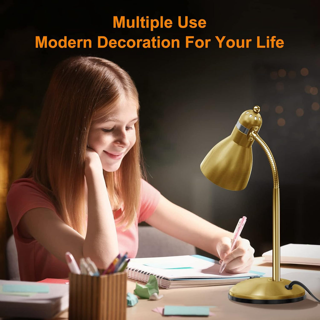 LEPOWER Metal Desk Lamp, Adjustable Goose Neck Table Lamp, Eye-Caring Study Desk Lamps for Bedroom, Study Room and Office (Gold)