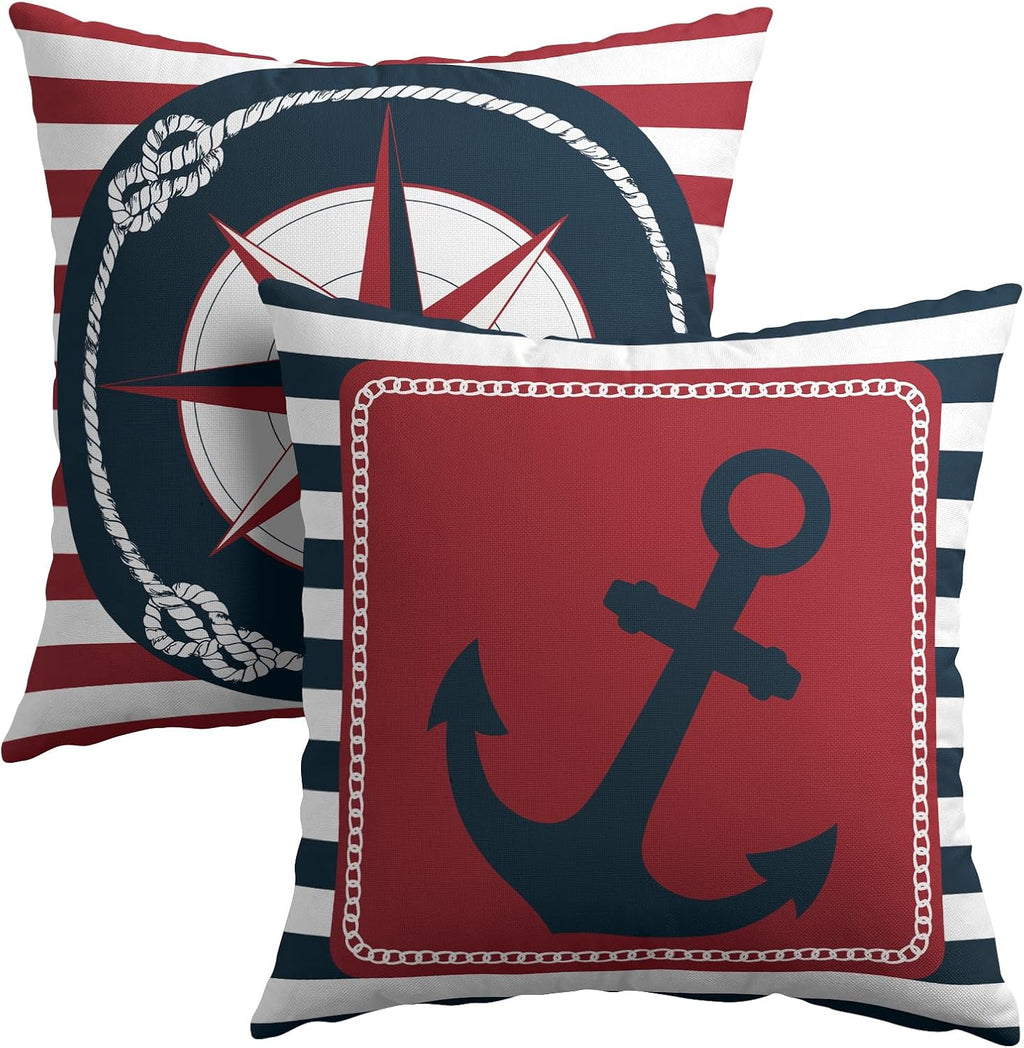 Anchor Compass Throw Pillow Cases Outdoor Nautical Pillow Covers Blue and White Stripes Decorative Cushion Cover 24x24 Inch Red and White…