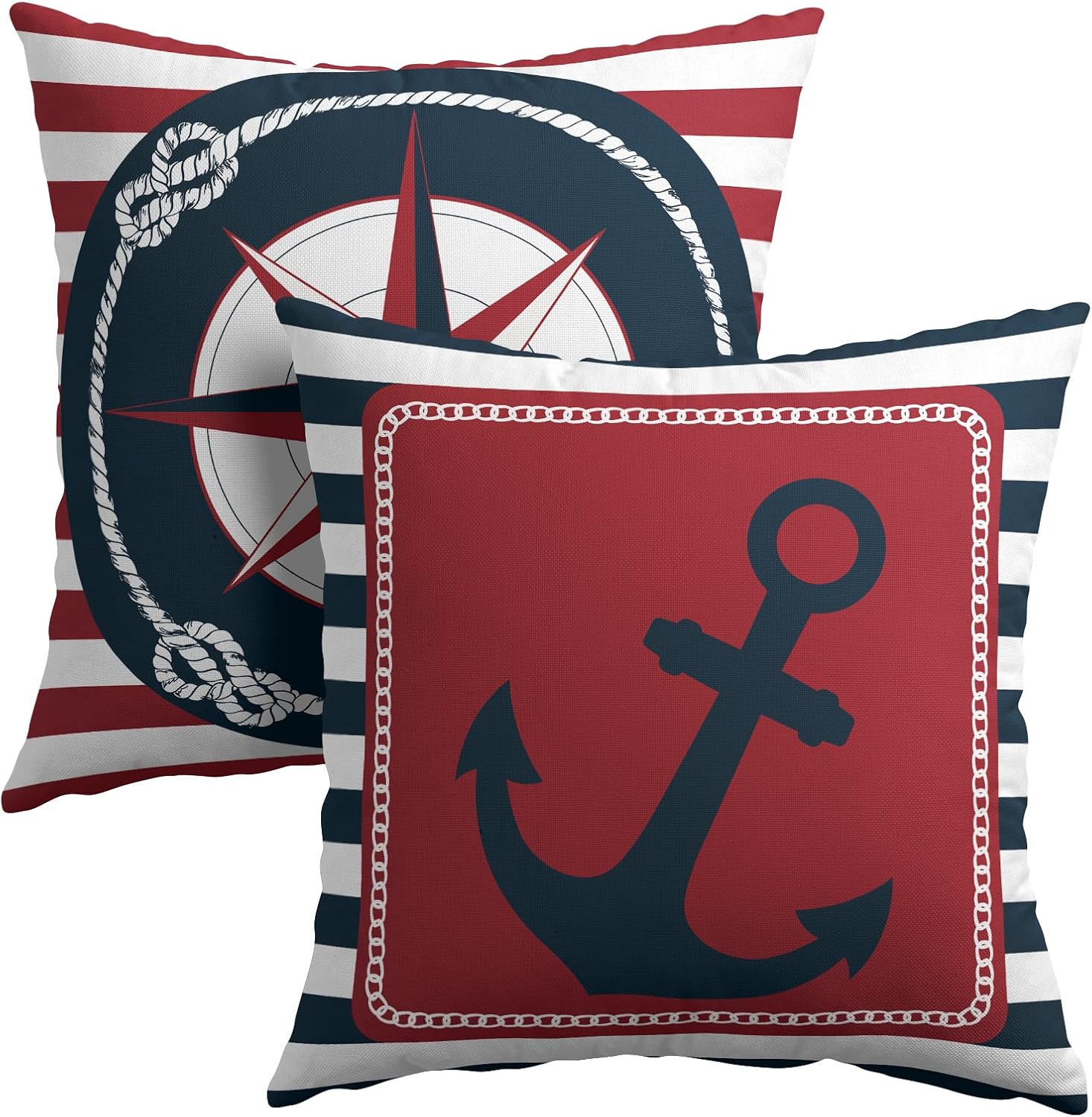Anchor Compass Throw Pillow Cases Outdoor Nautical Pillow Covers Blue and White Stripes Decorative Cushion Cover 24x24 Inch Red and White…