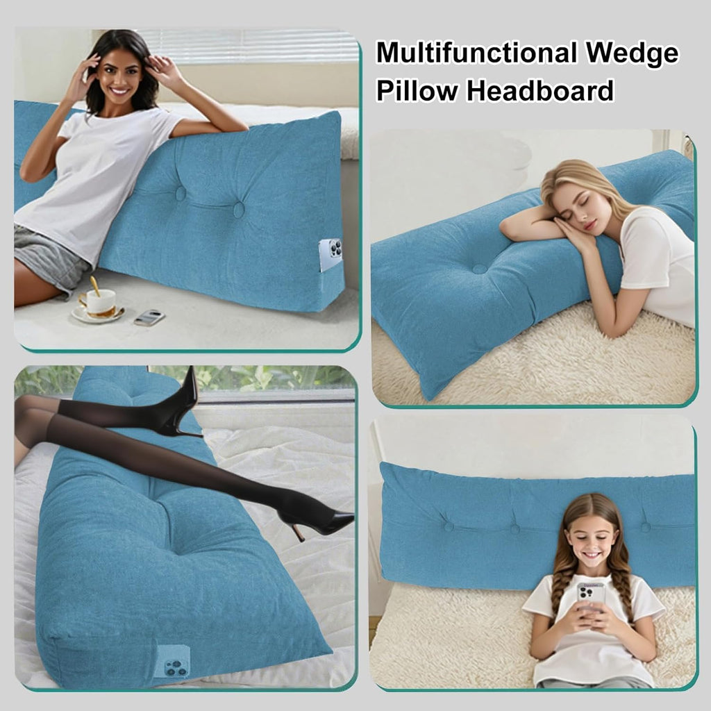 Dizaolive Headboard Pillow Queen, Triangular Bed Wedge Backrest Reading Pillow Cushion for Dorm Sofa Day Bed 8 inches cotton Blue