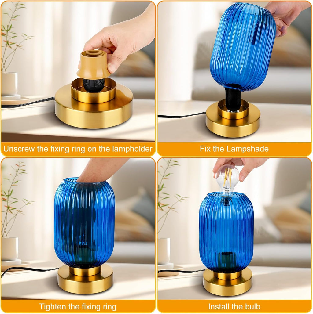 Mid Century Modern Table Lamp with Blue Ribbed Glass Shade, Touch Control & 3 Way Dimmable, Small Gold, Vintage Bedside Lamp for Bedroom…