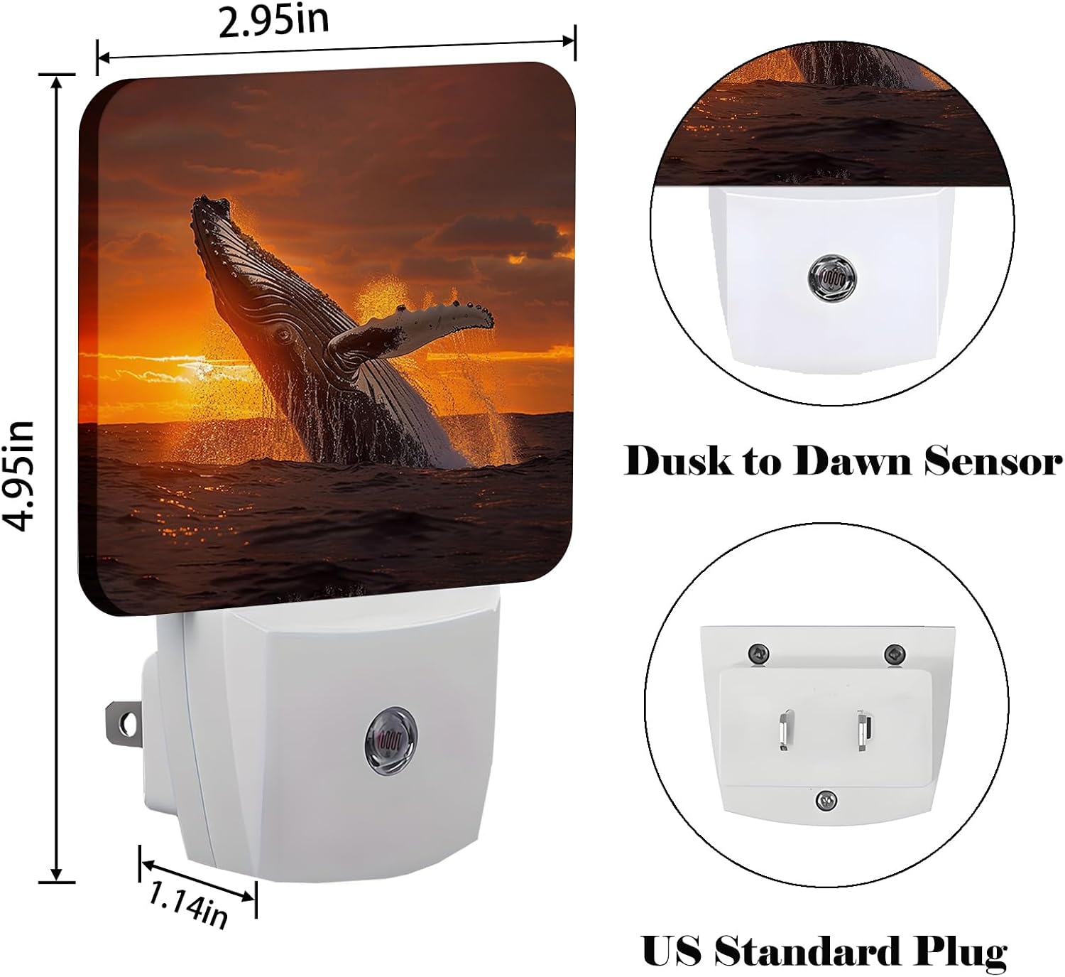 Sunset Humpback Whale Night Light, Plug Into Wall for Boys Girls Bedroom Decorative Square Night Light Lamp 0.5w Sleep Friendly