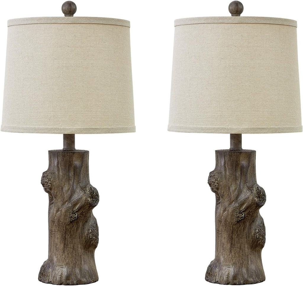 OYEARS 23"Resin Table Lamps for Living Room Set of 2 Country Cottage Farmhouse Lamp for Bedroom Tree Trunk Wood Grain with Oatmeal Fabric…