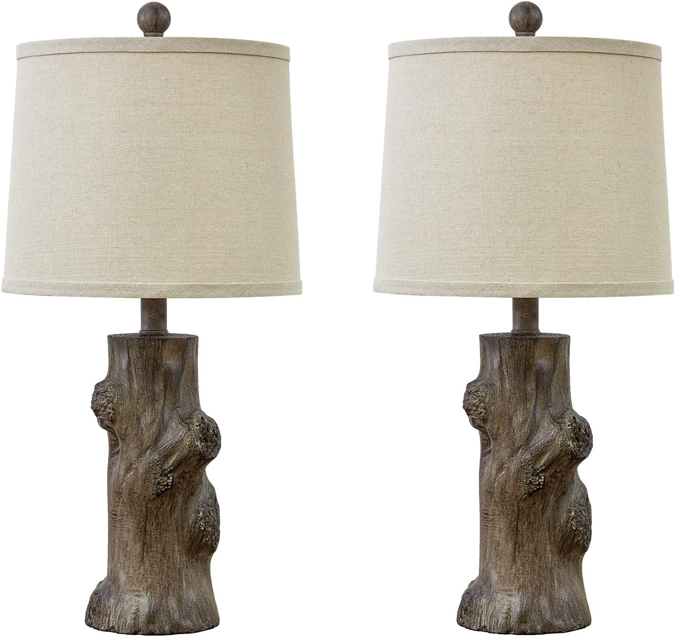 OYEARS 23"Resin Table Lamps for Living Room Set of 2 Country Cottage Farmhouse Lamp for Bedroom Tree Trunk Wood Grain with Oatmeal Fabric…