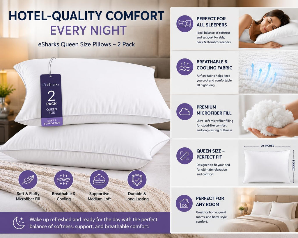 Bed Pillows Standard Queen Size, 2 Pack Soft Sleeping Pillows for Bed, Medium Loft Supportive Pillows for Side Back & Stomach Sleepers…