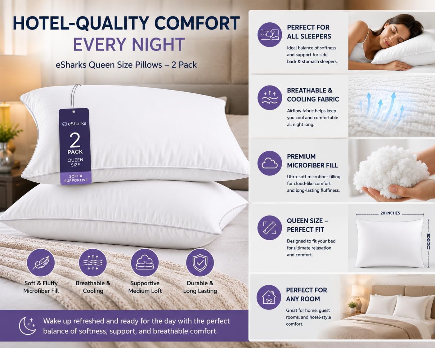 Bed Pillows Standard Queen Size, 2 Pack Soft Sleeping Pillows for Bed, Medium Loft Supportive Pillows for Side Back & Stomach Sleepers…