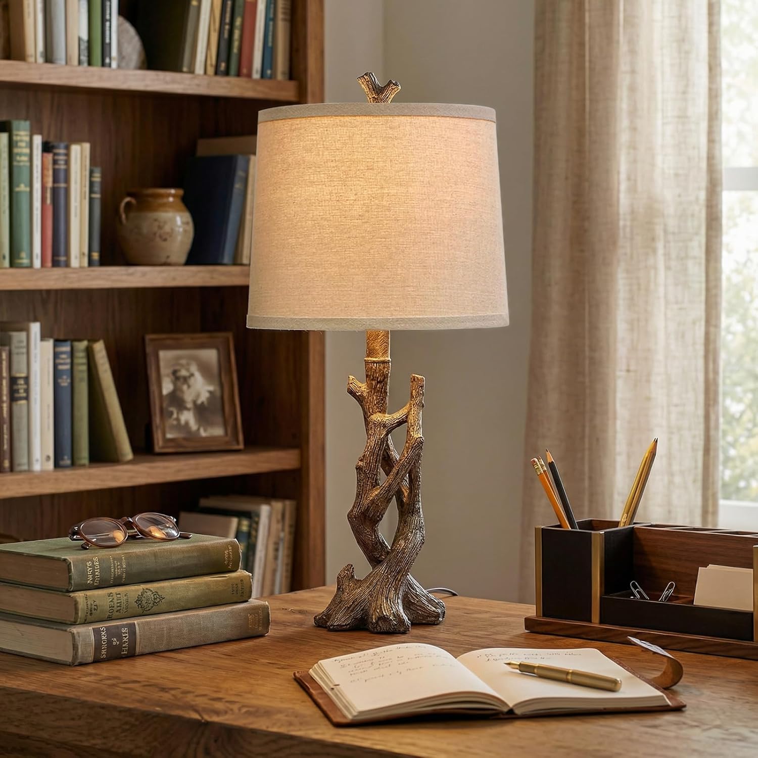 OYEARS 23" Rustic Farmhouse Table Lamp Country Cottage Lamps for Nightstand Tree Trunk Wood Grain Lamp for Bedroom Living Room with…