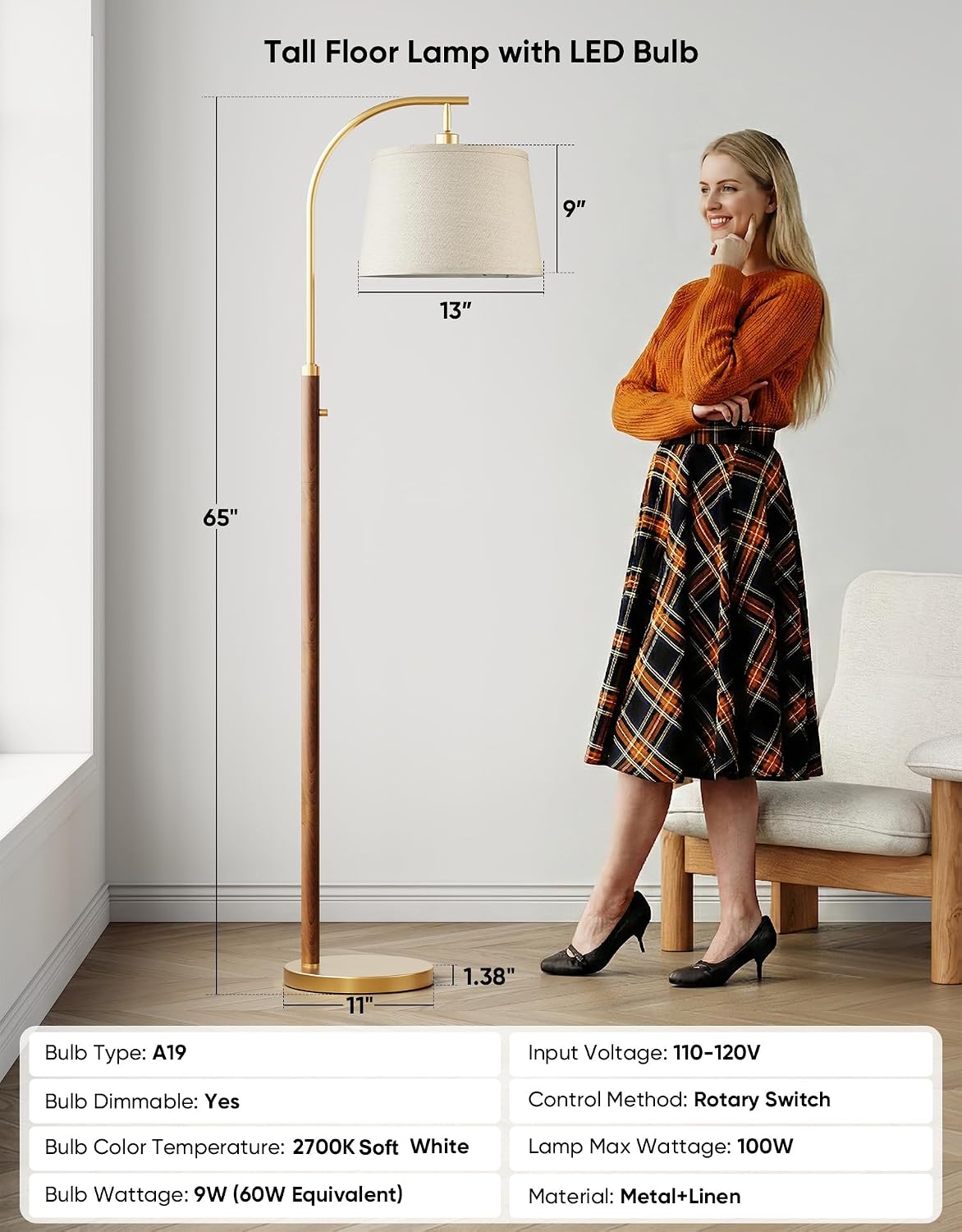 Dimmable Floor Lamp for Living Room, 65" Tall Metal Standing Lamp with LED Bulb, Mid Century Modern Arc Floor Lamp with Linen Shade for…