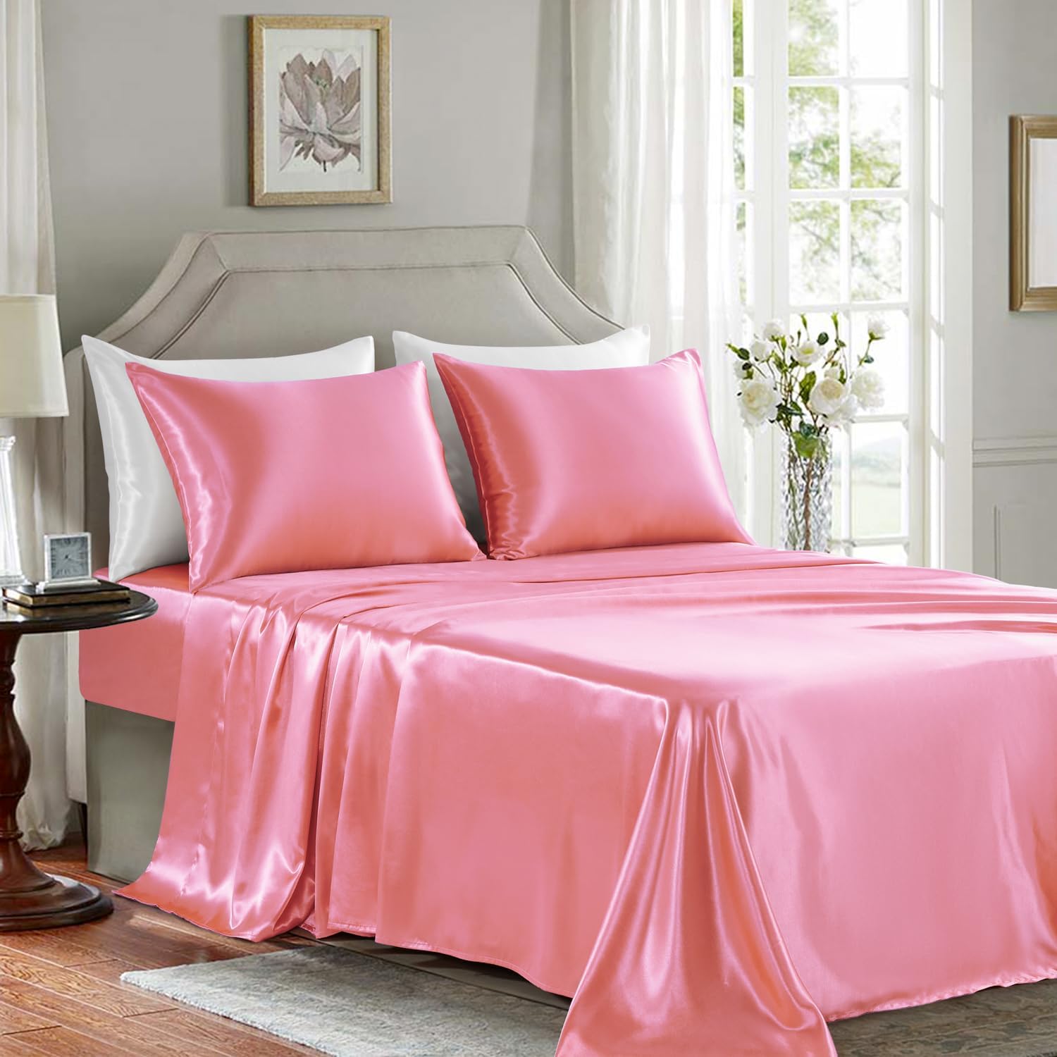 Golal Satin Sheets Full Size - 4 Pieces Luxury Silky Soft Bed Sheets, Wrinkle-Free Pink Satin Silk Sheet Set with 1 Deep Pocket Fitted Shee…
