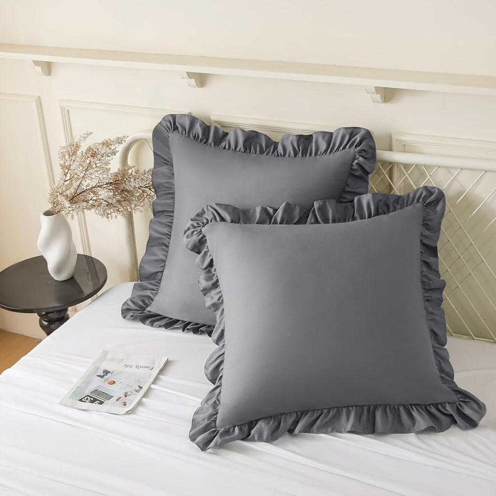 KKJIAF Ruffle Pillow Cases 20x20 Inches, Grey Square Ruffled Pillow Covers Set of 2, Microfiber Wrinkle Resistant Pillow Shams with…