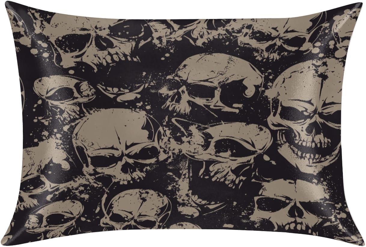 Halloween Satin Silk Pillowcase for Hair and Skin Halloween Skull Goth Pillow Cases Standard Size Vintage Grey Soft Silk Pillow Case with…