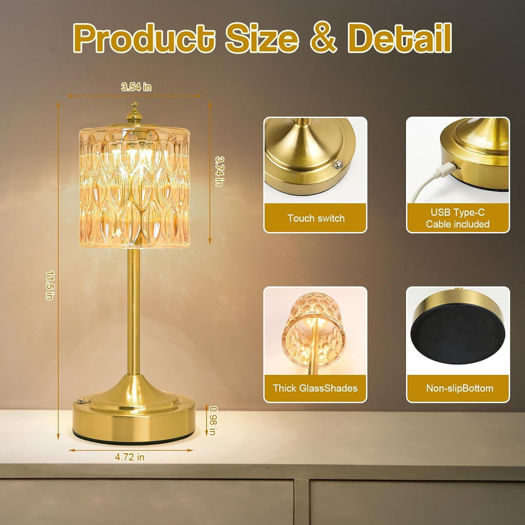 Cordless Crystal Table Lamp, 5200mAh Rechargeable Battery, 3 Color Dimmable Touch Control, Portable Vintage Gold Desk Lamp for Bedroom…