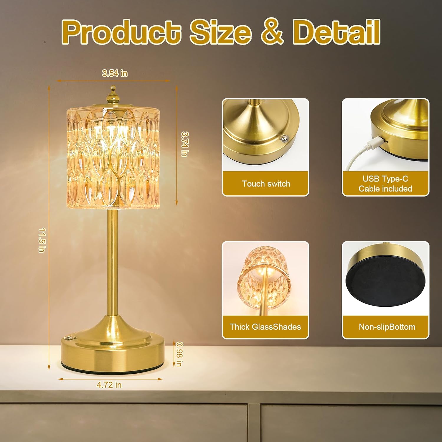 Cordless Crystal Table Lamp, 5200mAh Rechargeable Battery, 3 Color Dimmable Touch Control, Portable Vintage Gold Desk Lamp for Bedroom…