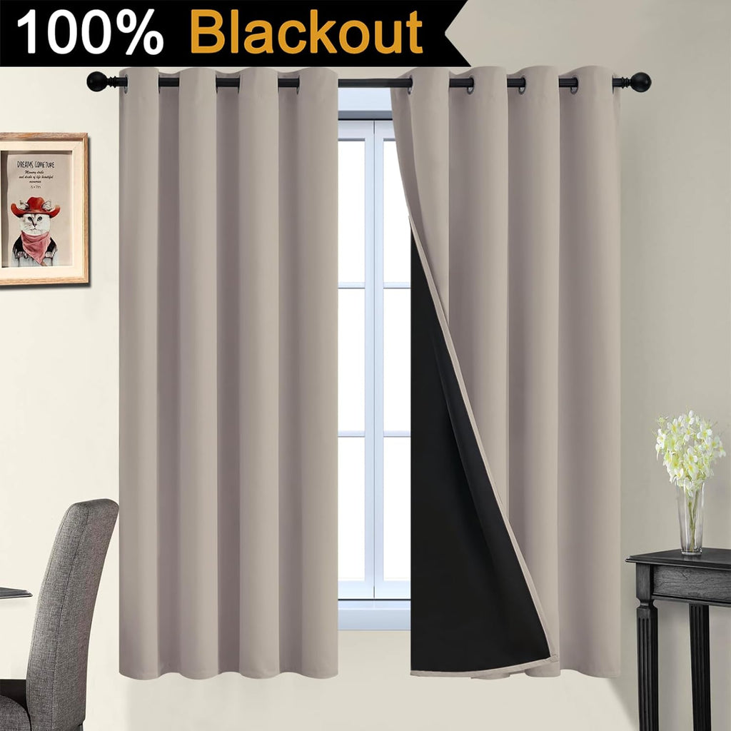 Yakamok 100% Blackout Curtains 63 Inches Long, 2 Thick Layers Heat and Full Light Blocking Soft Thermal Insulated Drapes for Bedroom(52" Wi…