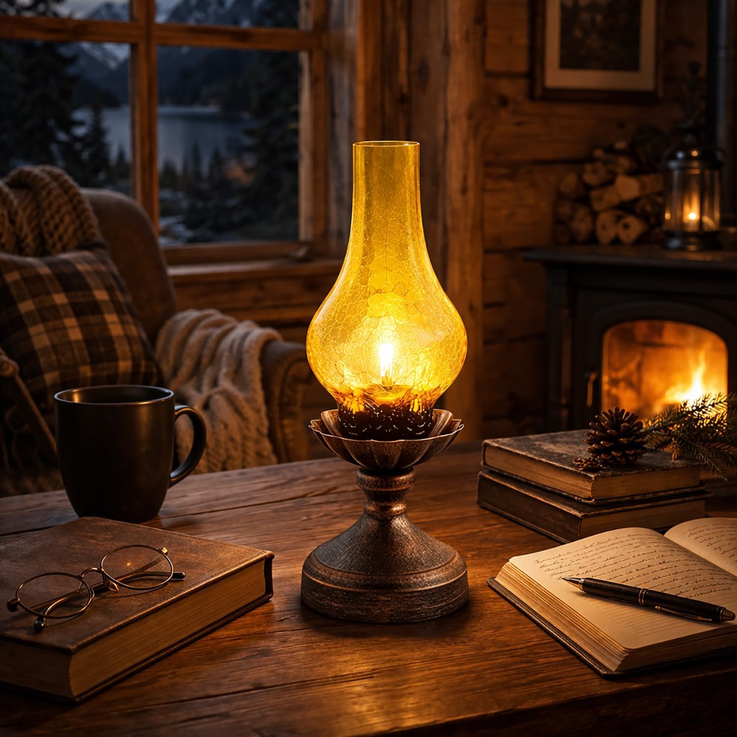 Vintage Table Lamp, Touch Control & 3-Way Dimmable Rustic Retro Farmhouse Bedside Lamp with Amber Glass Shade and LED Bulb for Bedroom…