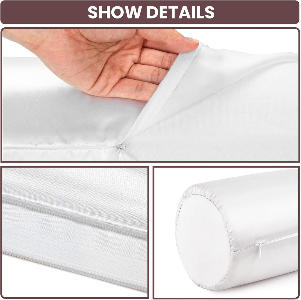 Noverlife 2 Pack 18x6 in White Silk Satin Neck Roll Pillow Cases, Neck Bolster Pillow Covers Round Neck Pillowcases for Hair & Skin…