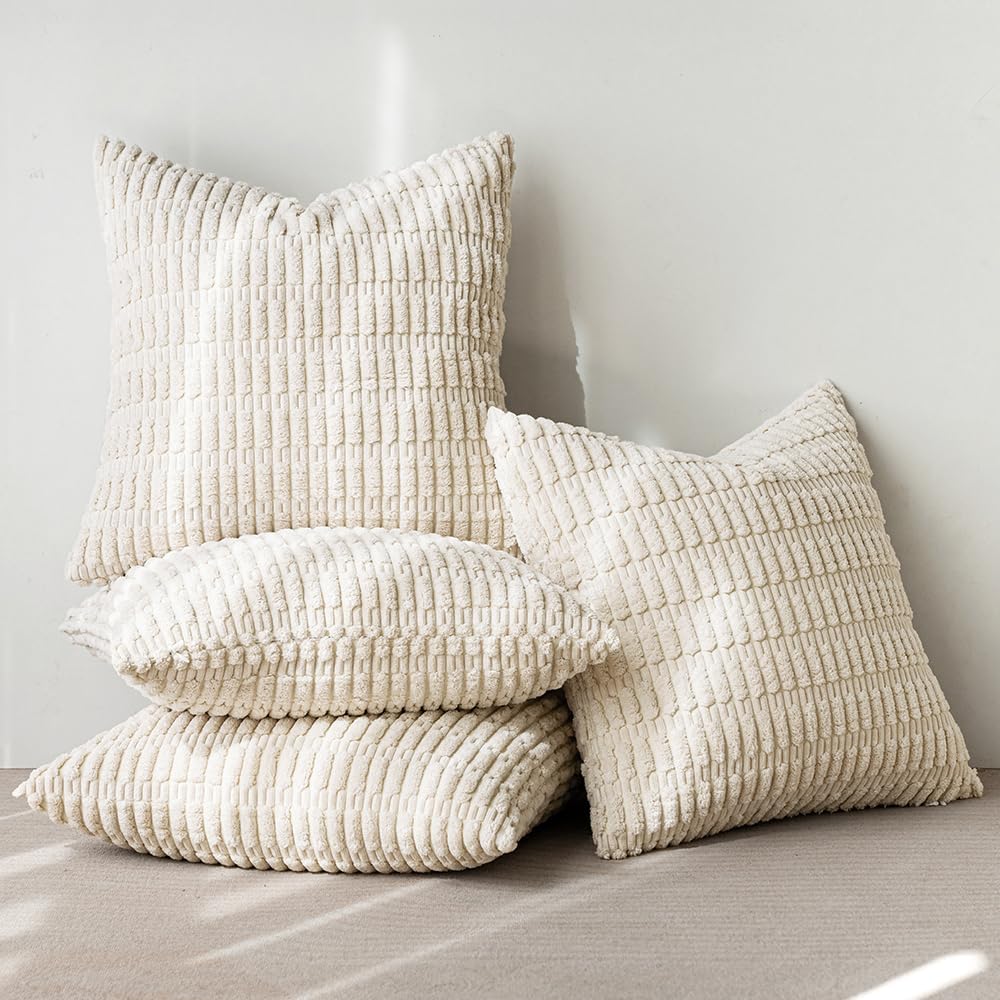 Miulee Pack of 4 Cream White Corduroy Christmas Decorative Throw Pillow Covers 18x18 Inch Soft Boho Striped Pillow Covers Modern Farmhouse…