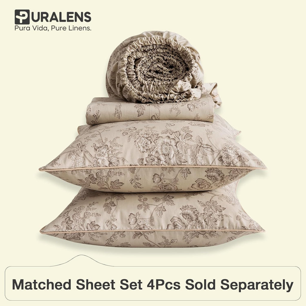 Puralens Beige Floral Duvet Cover, Queen Size 100% Cotton Percale Shabby Flower Patterned Chic Bed Cover Set, Soft Crisp Zipper Reversible…