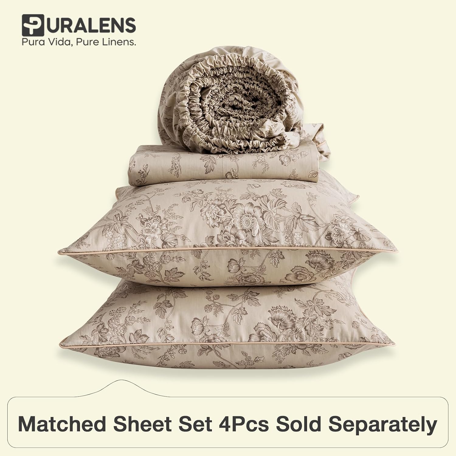 Puralens Beige Floral Duvet Cover, Queen Size 100% Cotton Percale Shabby Flower Patterned Chic Bed Cover Set, Soft Crisp Zipper Reversible…
