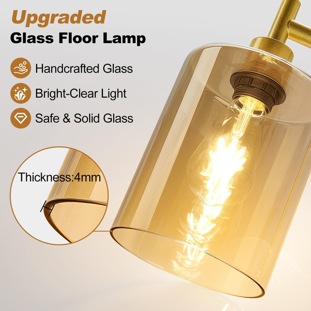 Upgraded】Dimmable Floor Lamps for Living Room with Amber Glass Shade, Modern Industrial Floor Lamp with 900LM Bulb Included, Glass…