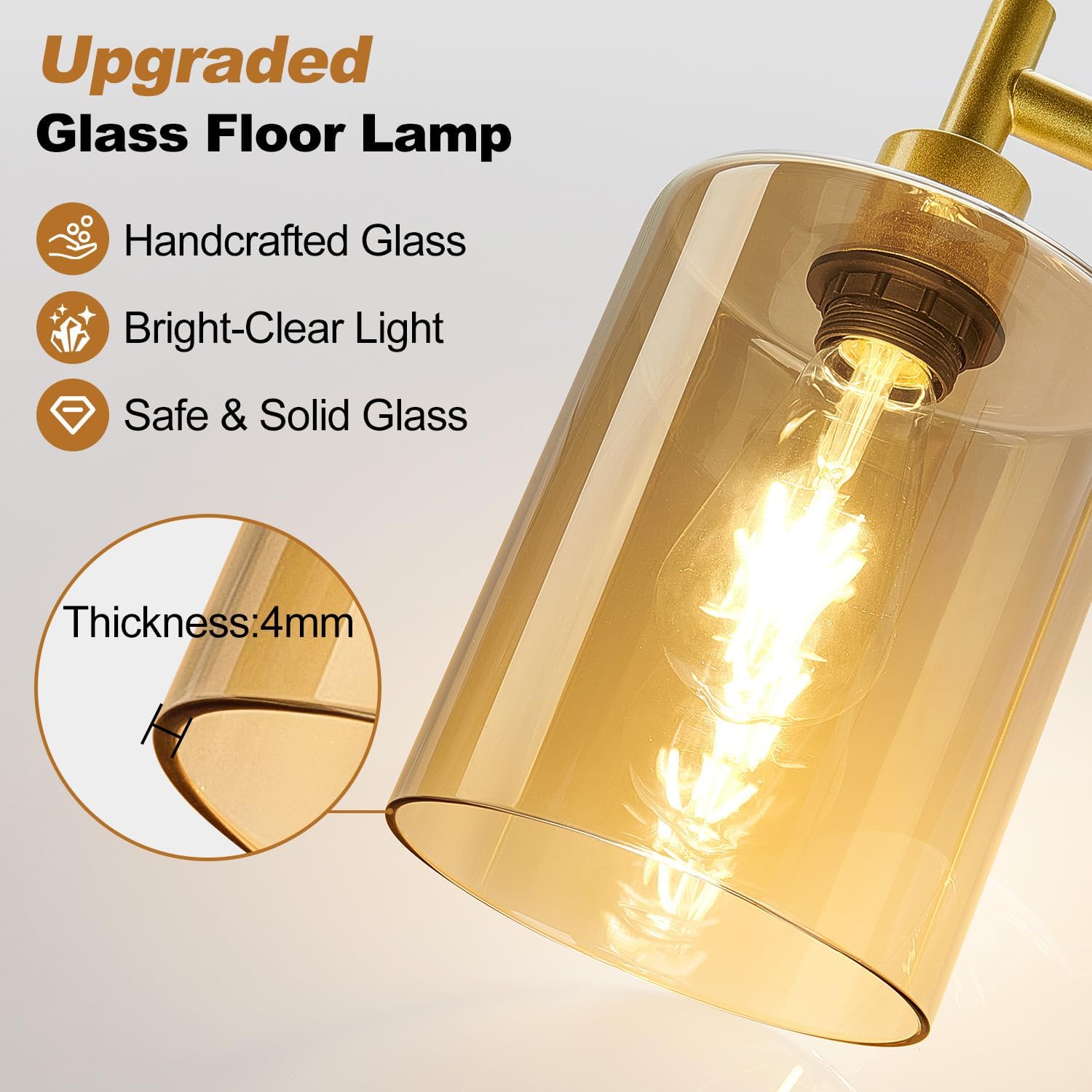 Upgraded】Dimmable Floor Lamps for Living Room with Amber Glass Shade, Modern Industrial Floor Lamp with 900LM Bulb Included, Glass…
