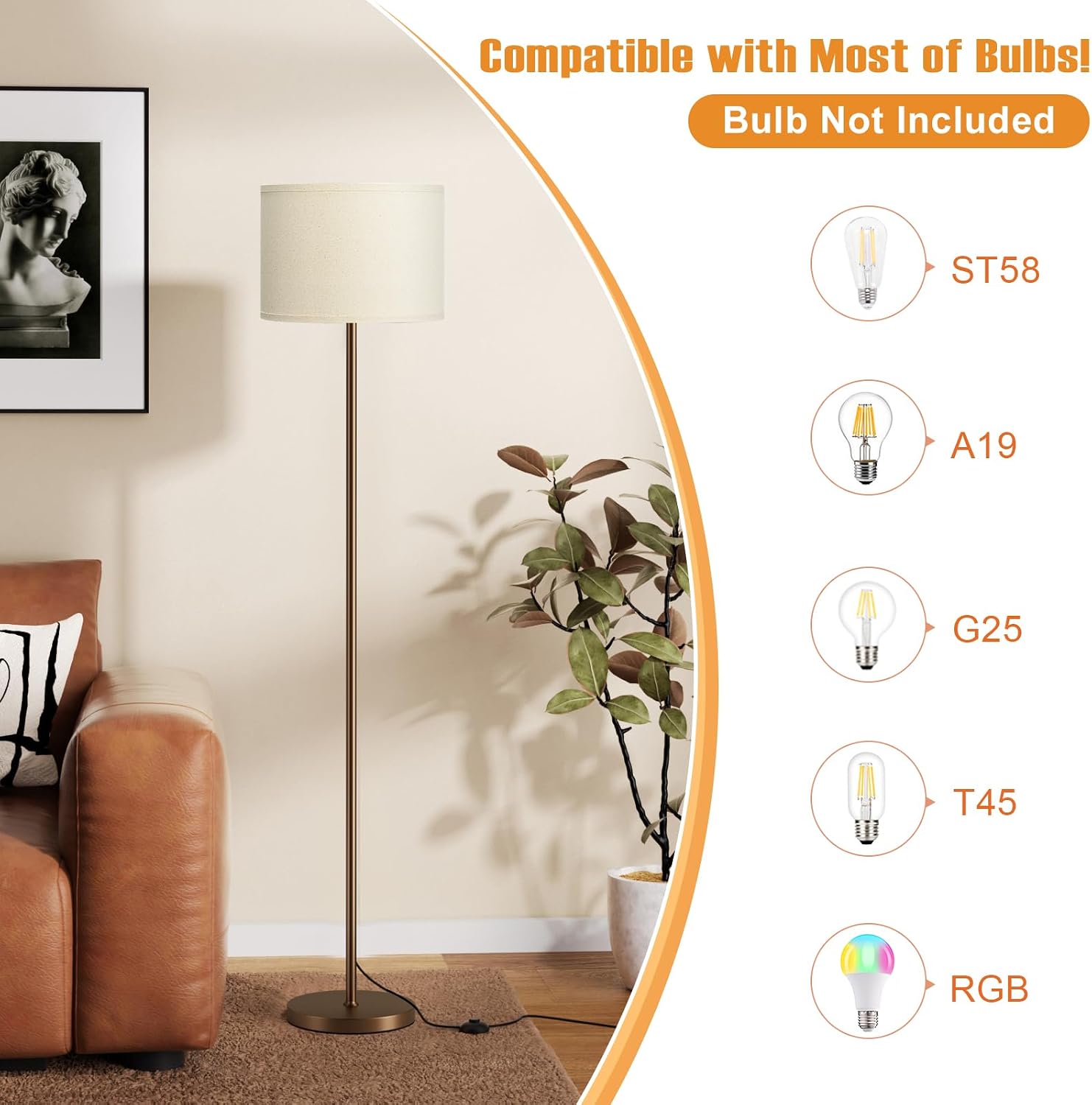 Ambimall 60'' Modern Floor Lamp with Shade, Tall Lamps for Living Room, Bedroom, Office, Dining Room, Beige Shade with Brown Pole(Without B…