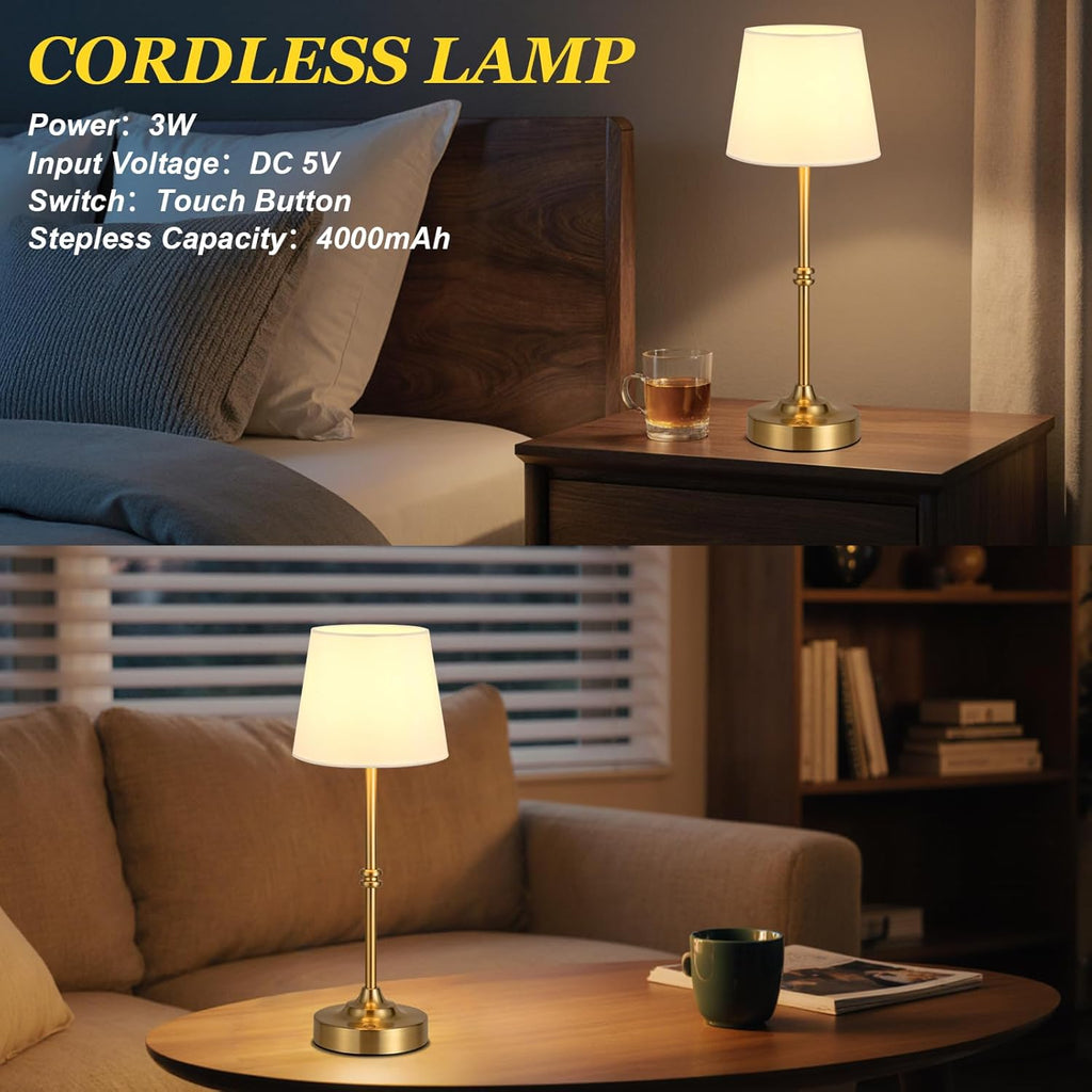 Kakanuo Rechargeable Cordless Table Lamp Gold - 2 Pack Brass 4000mAh Battery Operated Lamp, 3000K Warm Light, Touch Control Stepless…