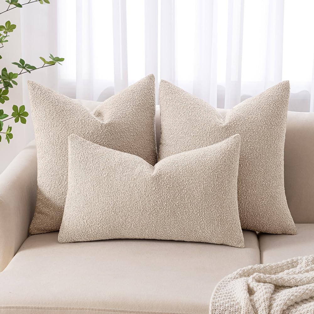 Miulee 12x20 Inch Decorative Lumbar Pillow Covers for Bed Set of 2 Textured Boucle Neutral Throw Pillow Covers Oatmeal Accent Solid Pillowc…