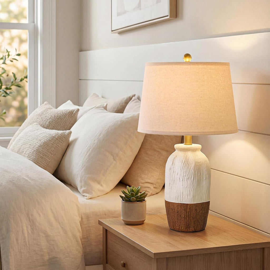22.5" Hand-Textured Vintage Ceramic Table Lamp, Single Rustic Farmhouse Bedside Lamp with Linen Shade, Boho Lamp for Bedroom Living Room…