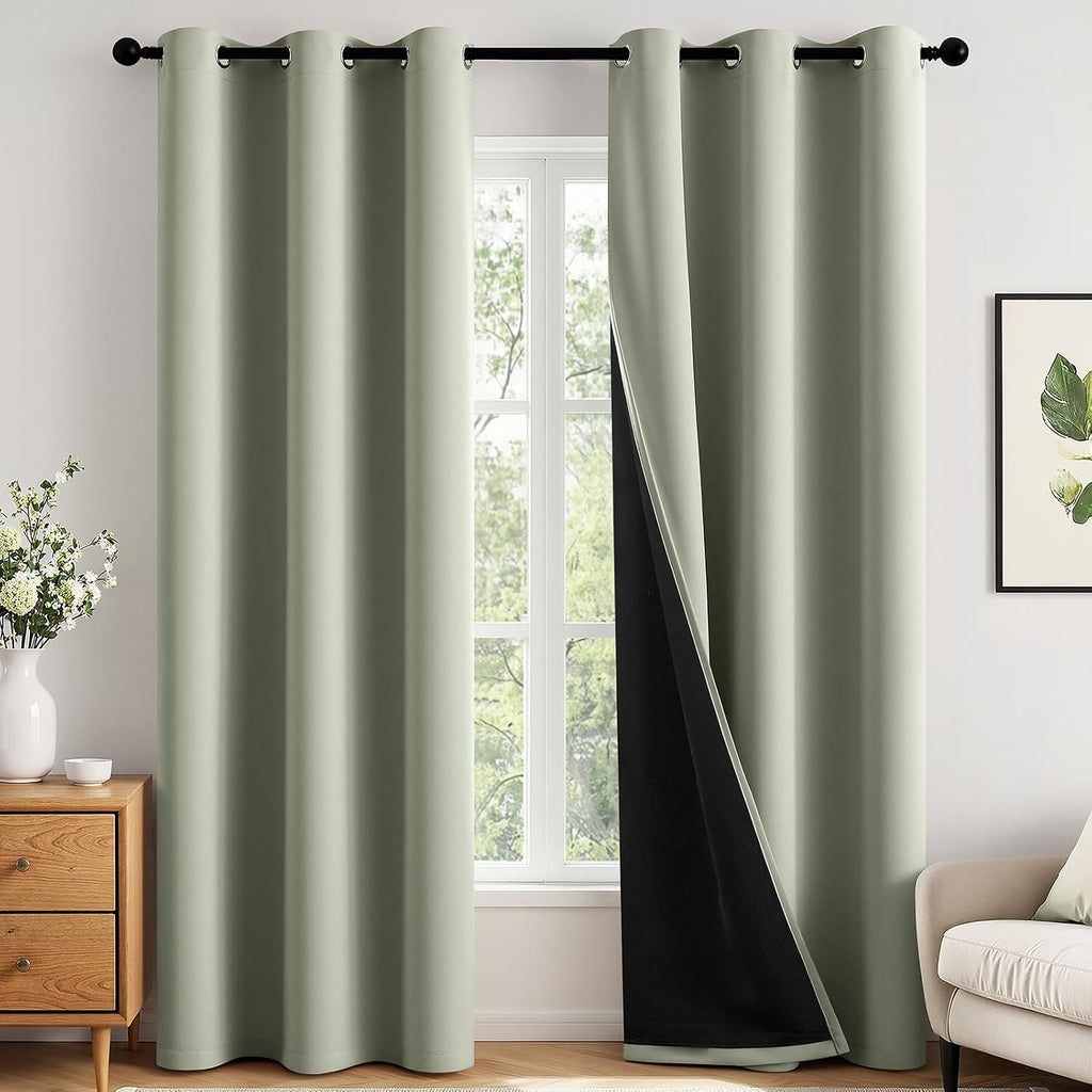 Miulee Sage Green 100% Blackout Curtains for Bedroom 84 Inch Long, 2 Thick Layers Thermal Insulated Black Out Window Curtains with Black Li…