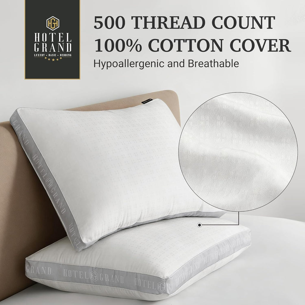 HotelGrand Hotel Grand Bed Pillows Queen Size Set of 2, 500 Thread Count Cotton Cover, Down Alternative Hotel Pillow for Side, Back, or Sto…