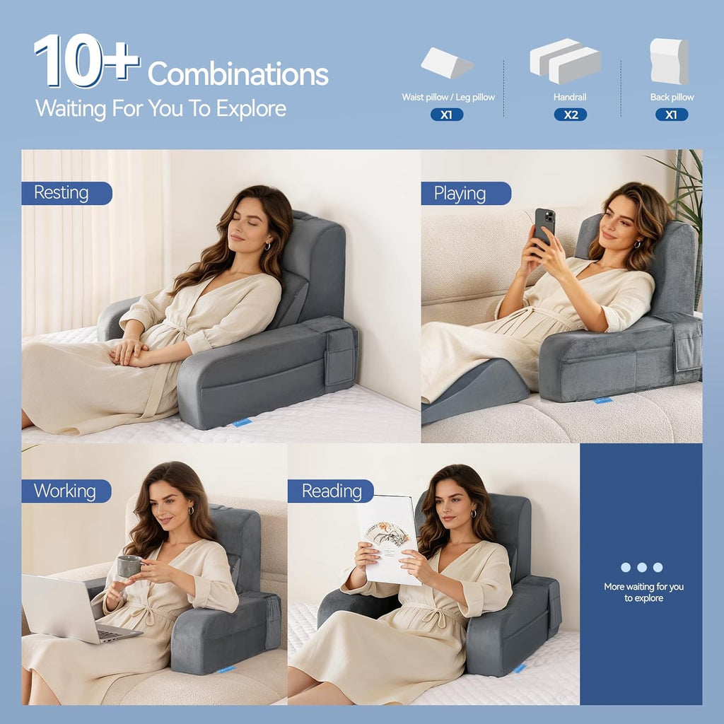 Kayfia Reading Pillow, 10 in 1 Back Pillow for Bed Sitting up with Detachable Arms Rest, Back Rest with Gel Memory Foam…
