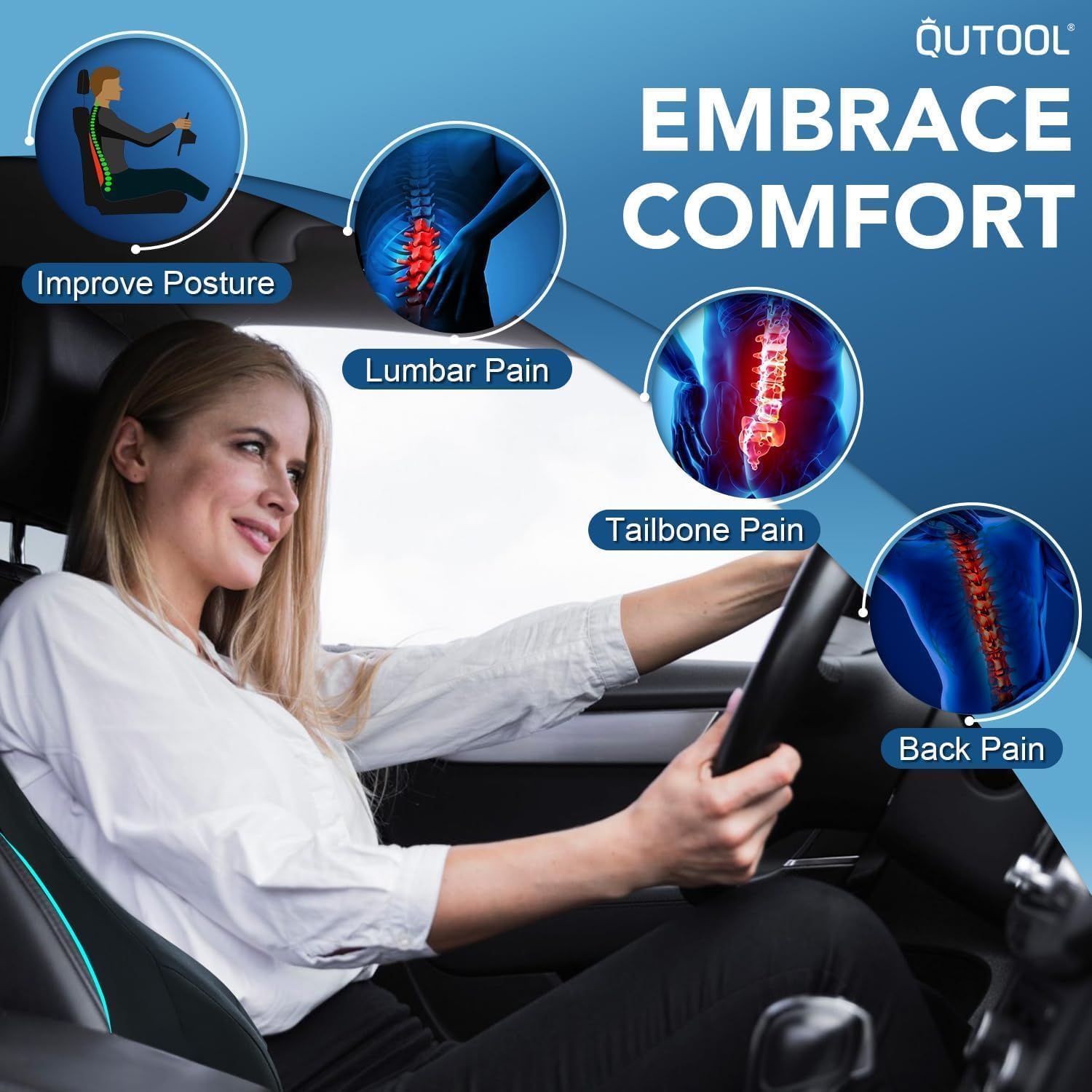 Qutool Lumbar Support Pillow for Car, Truck Accessories Travel Essentials, Memory Foam Back Cushion for Driving Seat, Back, Washable Cover,…
