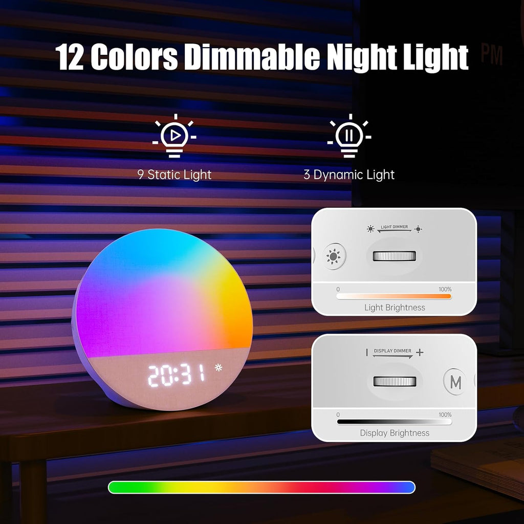 Alarm Clock Sound Machine Sleeping, Sunrise Digital Alarm Clocks Bedrooms, Loud Bluetooth Speaker Alarms Clock 23 White Noise Dual Alarms…