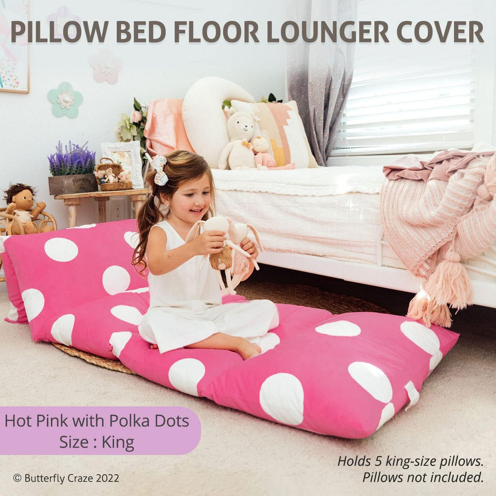 Butterfly Craze Floor Pillow Case, Mattress Bed Lounger Cover, Polka Hot Pink, King Size - Cozy Seating Solution for Kids & Adults…