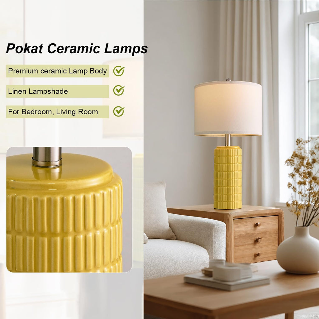 PoKat 23" Yellow Table Lamps Set of 2, Modern Living Room End Table Lamps Decor, Ceramic Lamps for Living Room, Contemporary Nightstand…
