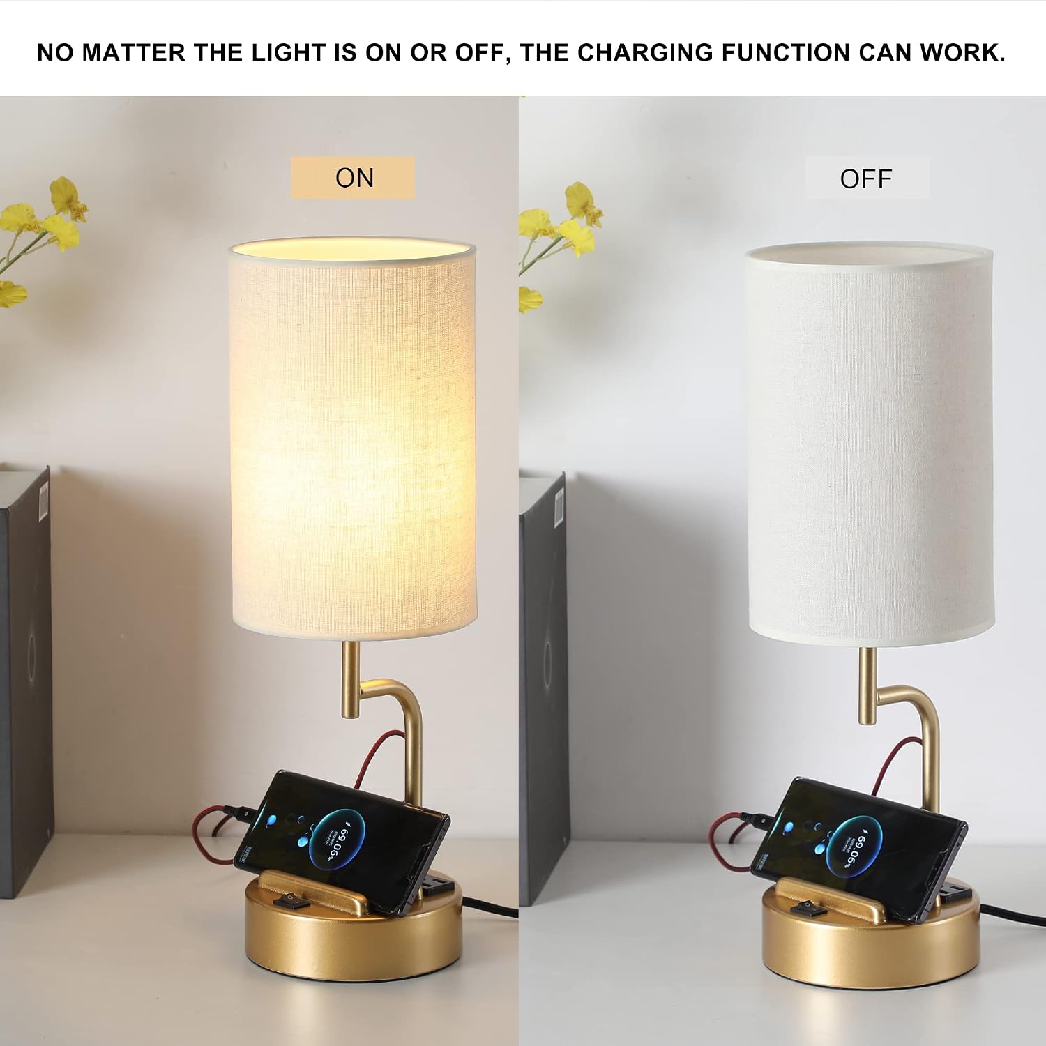 Dreamholder Table Lamp with 3 USB Charging Ports, Modern Desk Lamp with AC Outlet and Phone Stands, Perfect Bedside Lamp for Bedroom…
