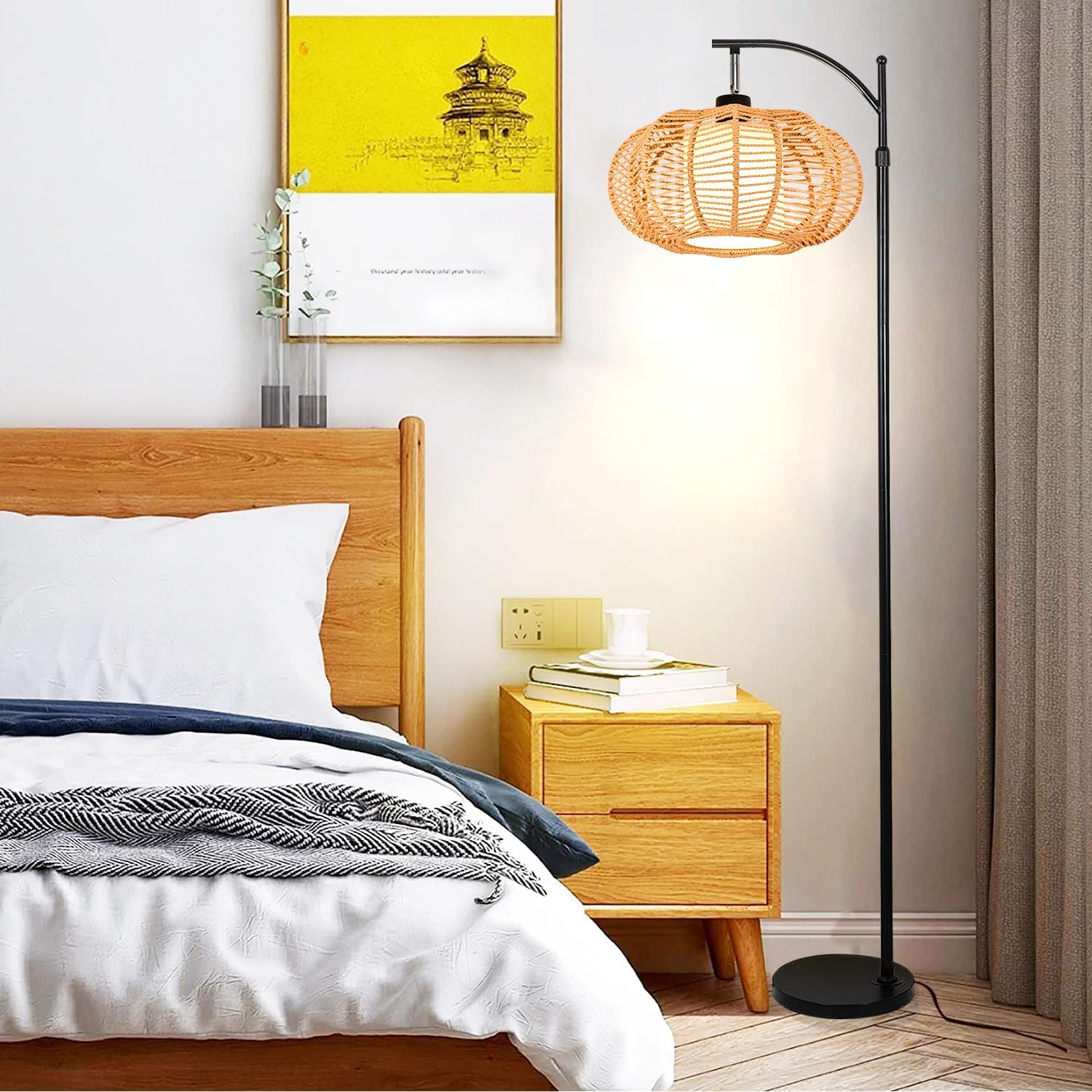 ZECOXOL Arc Floor Lamps for Living Room Bedroom Rattan Boho Floor Lamp with Remote Control, Dimmable Led Standing Lamp Wicker Lamp Shade…